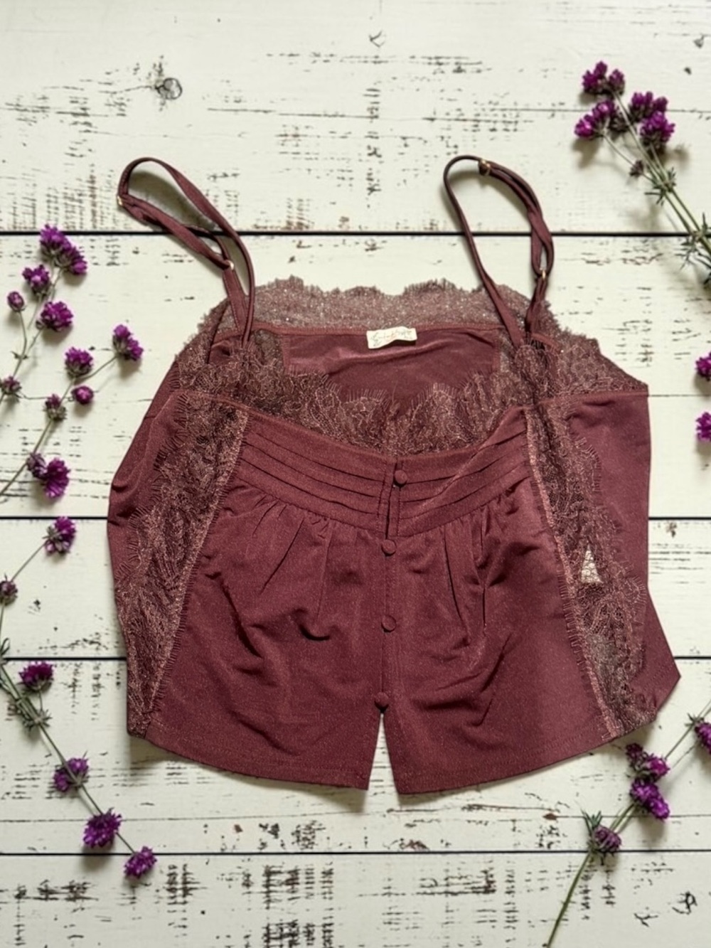 Free People Wine Lace-Trim Button Cami crop top